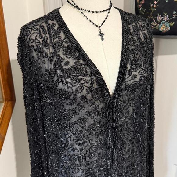 VTG 90s Black Tie by Oleg Caassini Black Beaded Silk Floral Long Sleeve Kimono L - Picture 3 of 8